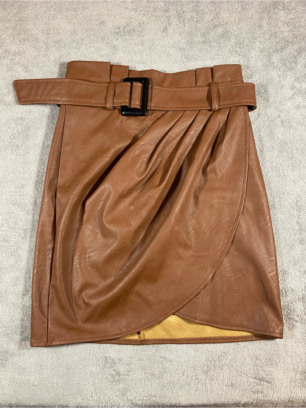 High-Waist Faux Leather Mini Skirt with Belt - Brown